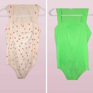 OQQ Cherry Print and Neon Green Bodysuit Duo